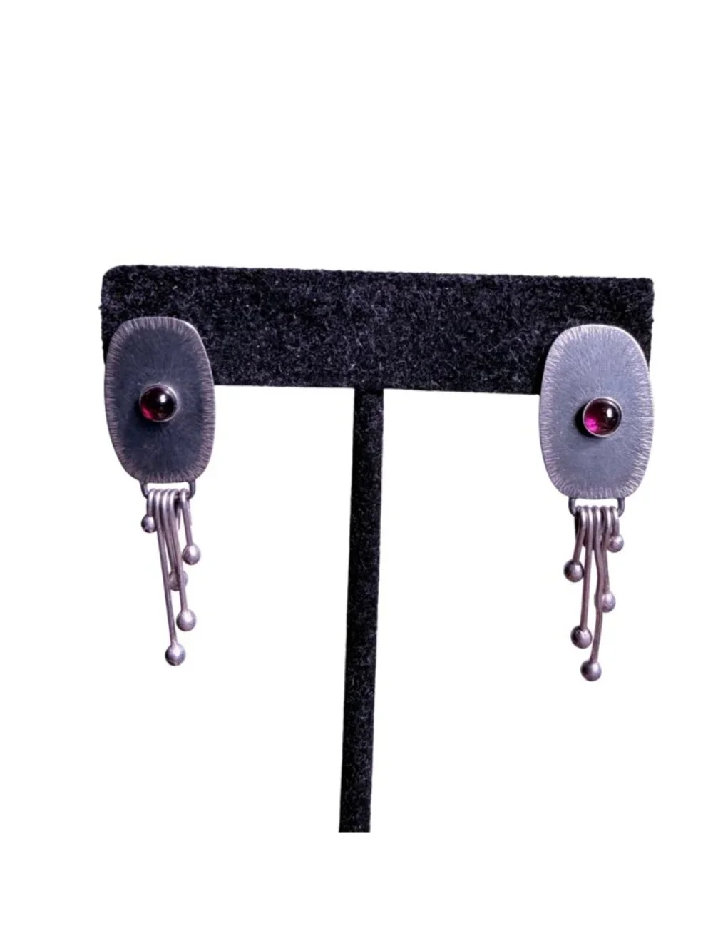 Handcrafted Oxidized Silver Dangle Earrings Red Stone Accent Modern Abstract